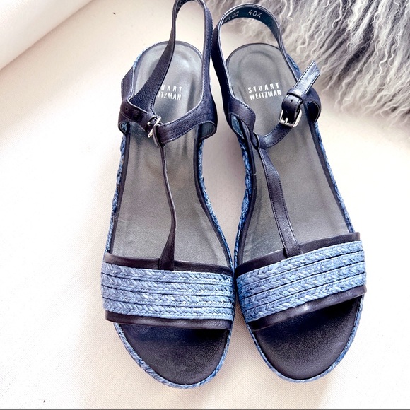 Stuart Weitzman Leather Braided Raffia Platform Wedges Blue Size 10.5 - Picture 4 of 9